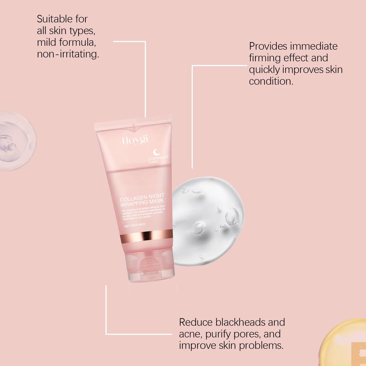 Masque Nuit facial au collagène, nettoyant en douceur, hydratant en profondeur.