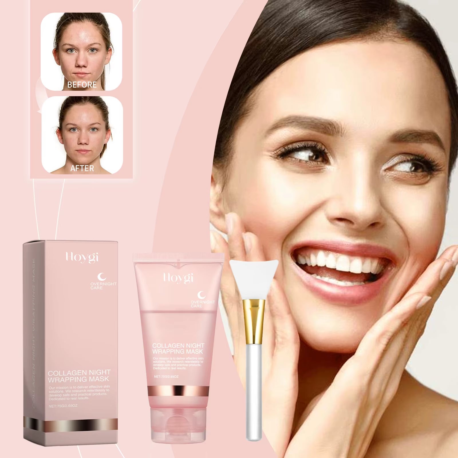 Masque Nuit facial au collagène, nettoyant en douceur, hydratant en profondeur.