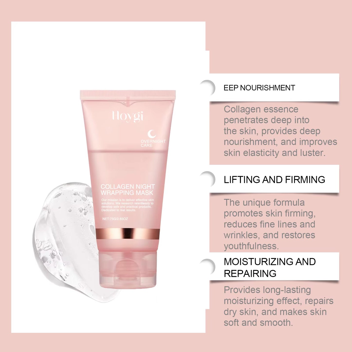 Masque Nuit facial au collagène, nettoyant en douceur, hydratant en profondeur.